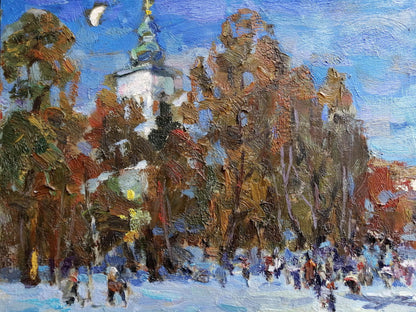 Oil Painting Village landscape Art Temple Orthodox Church