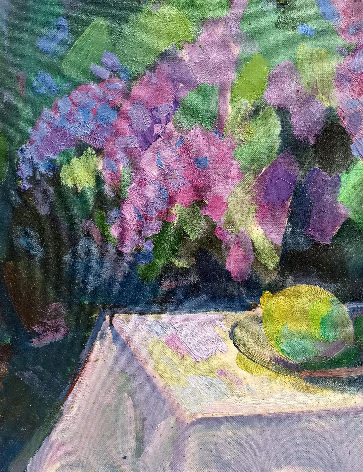 Vibrant impressionistic oil painting Lilac by Peter Dobrev with purple pink flowers