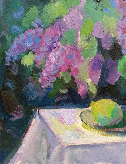 Vibrant impressionistic oil painting Lilac by Peter Dobrev with purple pink flowers