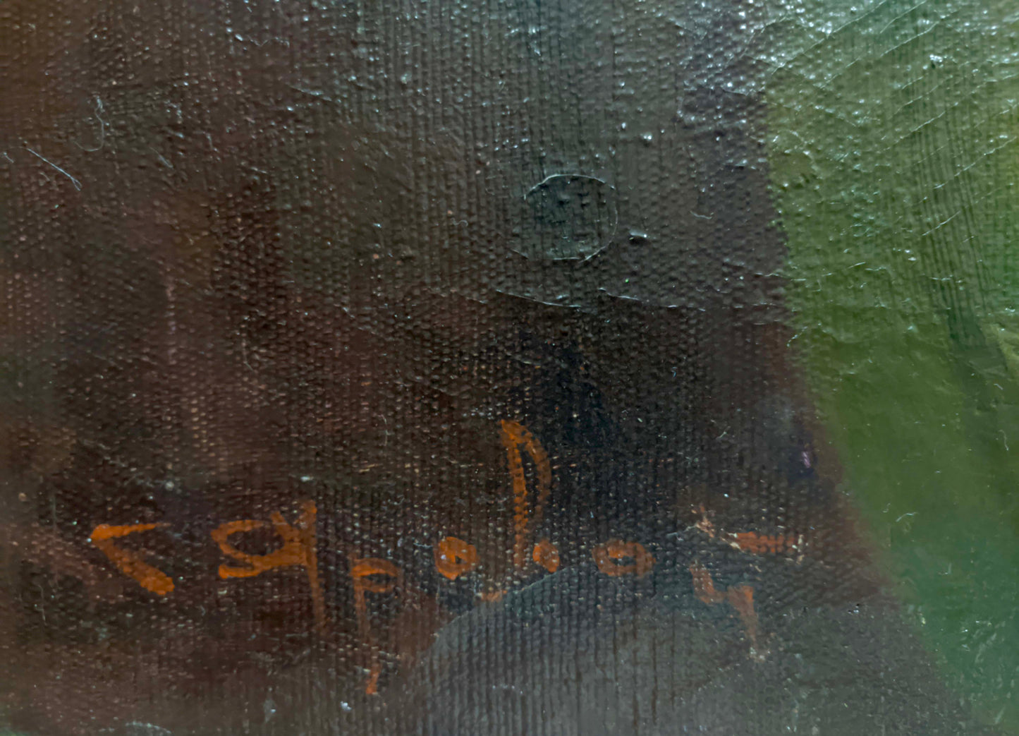 Back of Oil painting Graduation by Yarovoy Stepan Kalinovich, dark textured canvas with orange signature