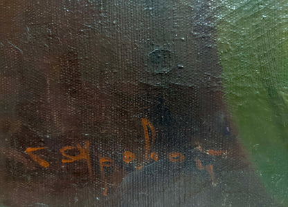 Back of Oil painting Graduation by Yarovoy Stepan Kalinovich, dark textured canvas with orange signature