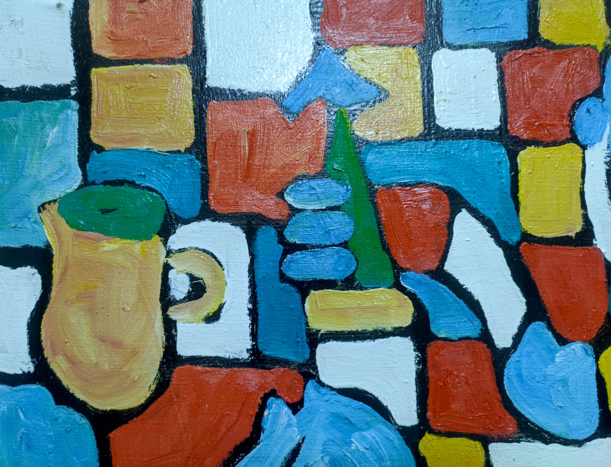 Beige ceramic pitcher with green lid by Boyko Petr Borisovich on abstract painting