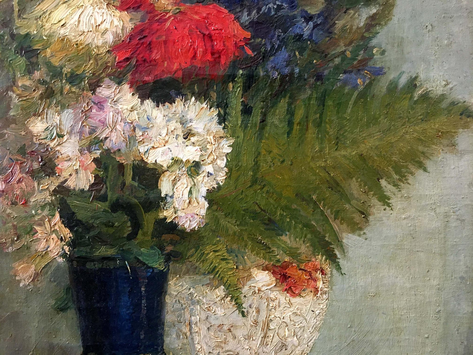 Oil painting by Bezugly Daniil Ivanovich: vibrant red white blue flowers in blue vase