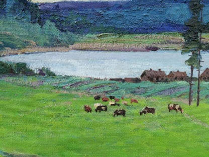 Oil depiction of a mountain village by Vasily Andreevich Klyuchnik