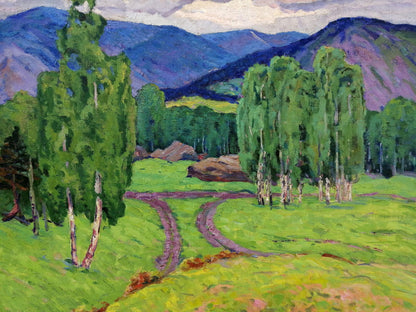 Vasily Andreevich Klyuchnik depicted a forest in the mountains in an oil painting