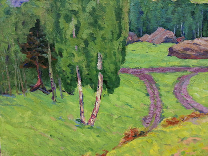 Oil painting showcasing a forest in the mountains by Vasily Andreevich Klyuchnik