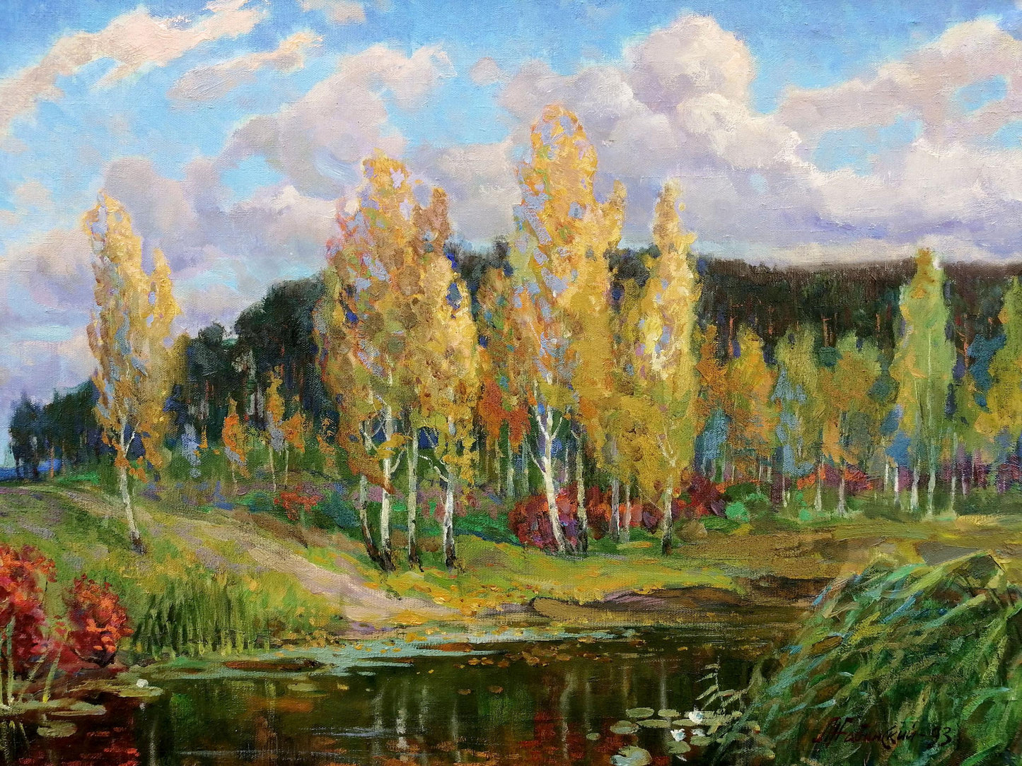 Oil painting by Zhabinsky Leonid Andreevich: autumn birch trees, pond, hills
