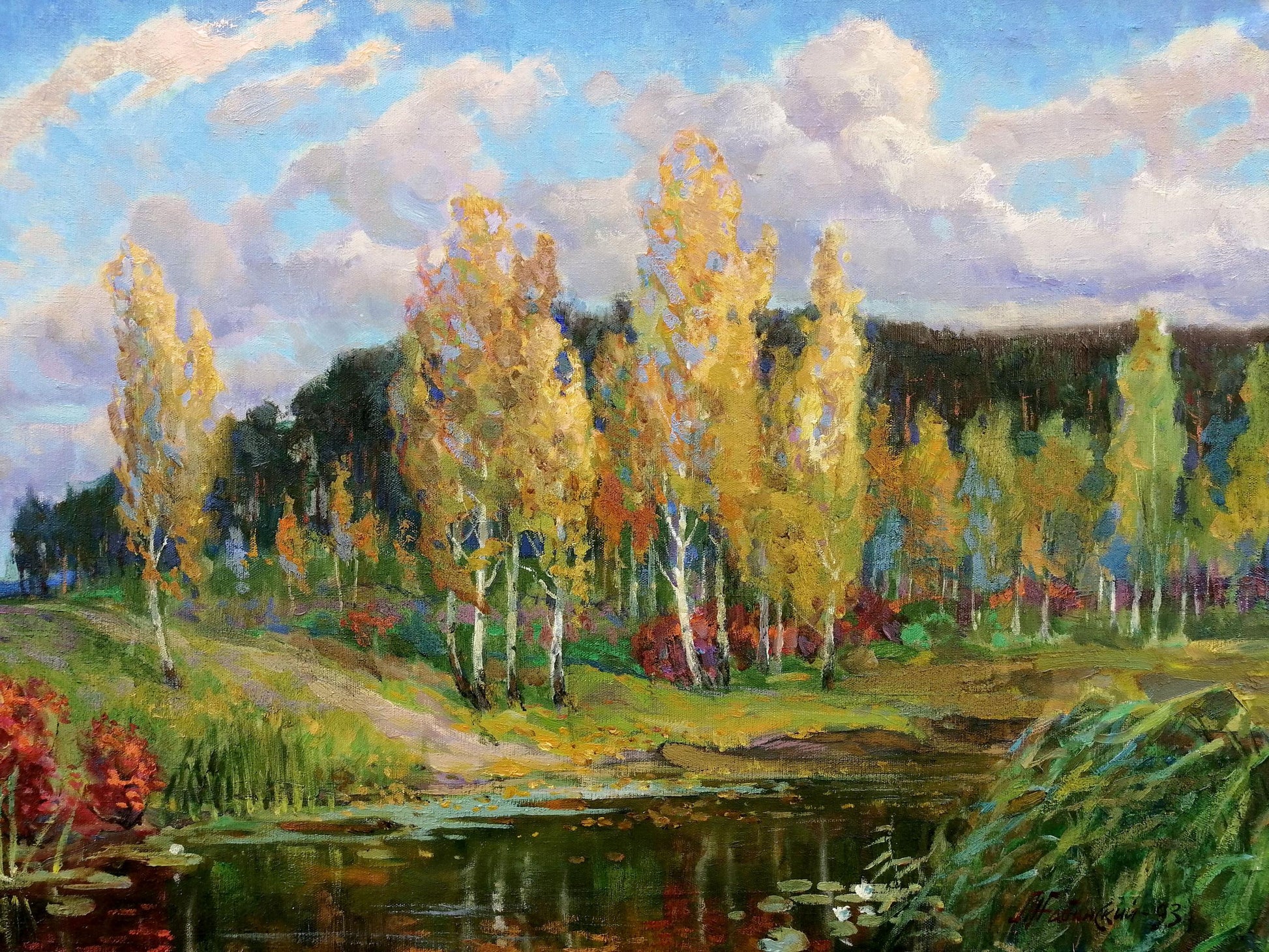 Oil painting by Zhabinsky Leonid Andreevich: autumn birch trees, pond, hills
