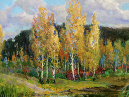 Oil painting by Zhabinsky Leonid Andreevich: autumn birch trees and evergreens