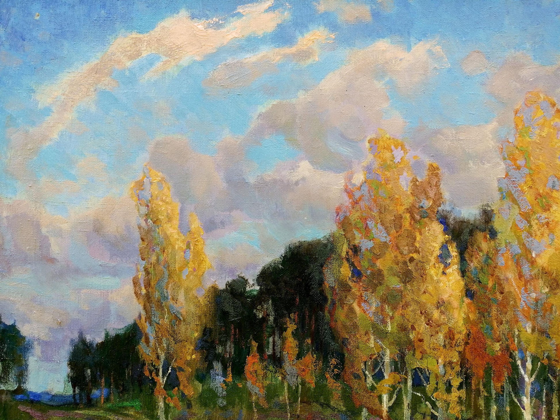 Oil painting by Zhabinsky Leonid Andreevich: autumnal birch trees with golden foliage against blue sky