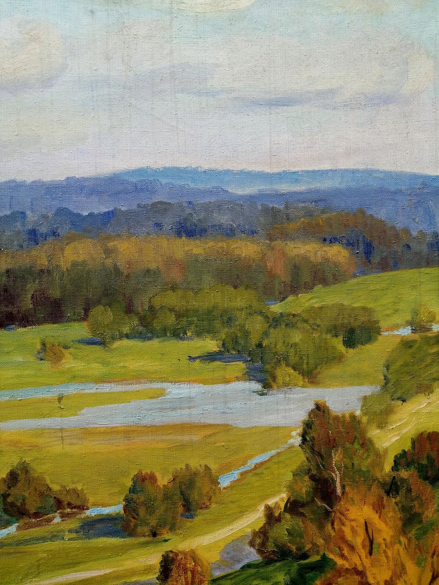 Serene oil painting by Khokhlov Stanislav Alekseevich of river in hills