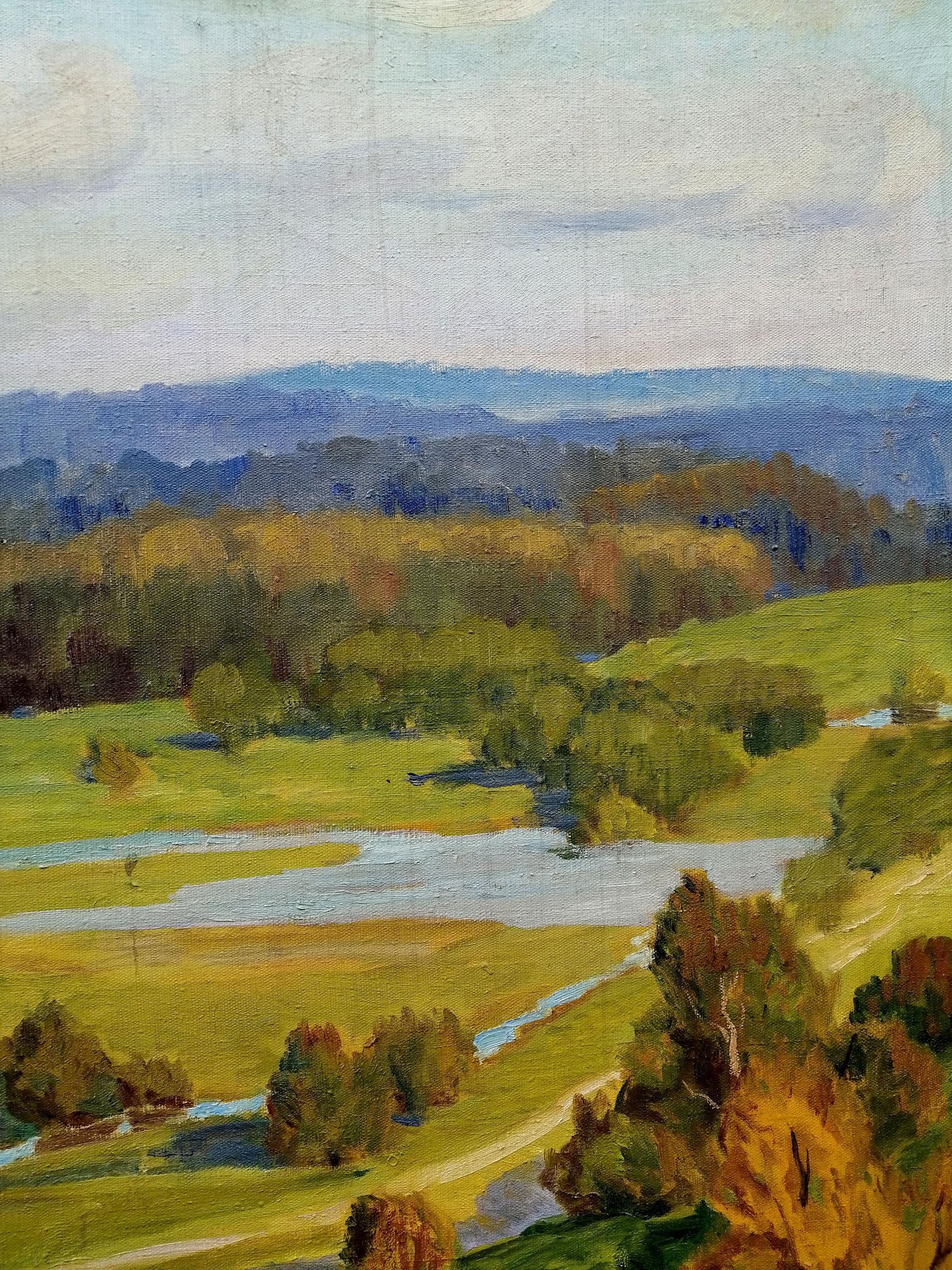 Serene oil painting by Khokhlov Stanislav Alekseevich of river in hills