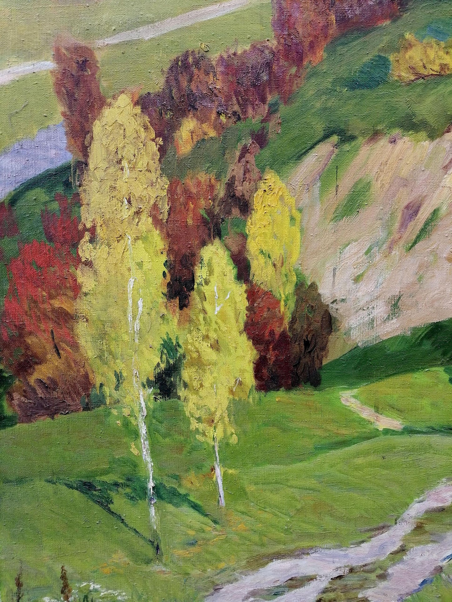 Vibrant autumn oil painting by Khokhlov Stanislav Alekseevich with birch trees and hills