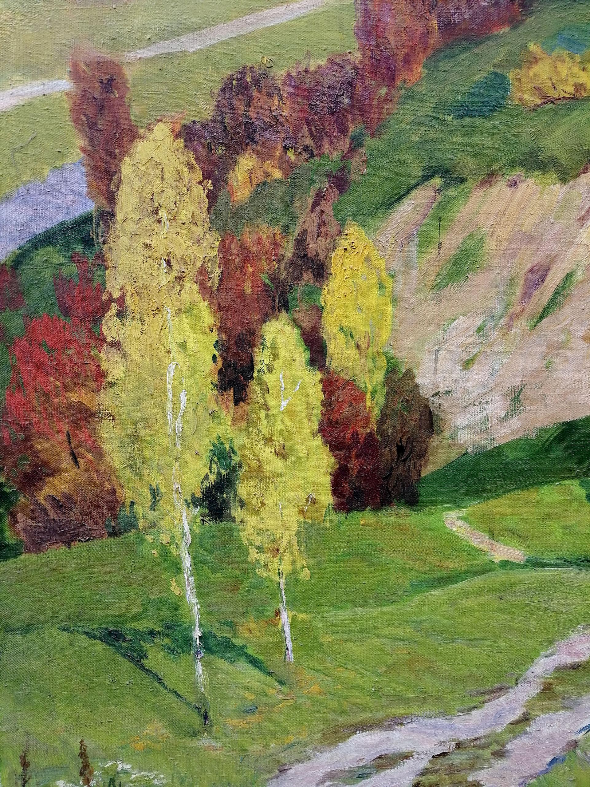 Vibrant autumn oil painting by Khokhlov Stanislav Alekseevich with birch trees and hills