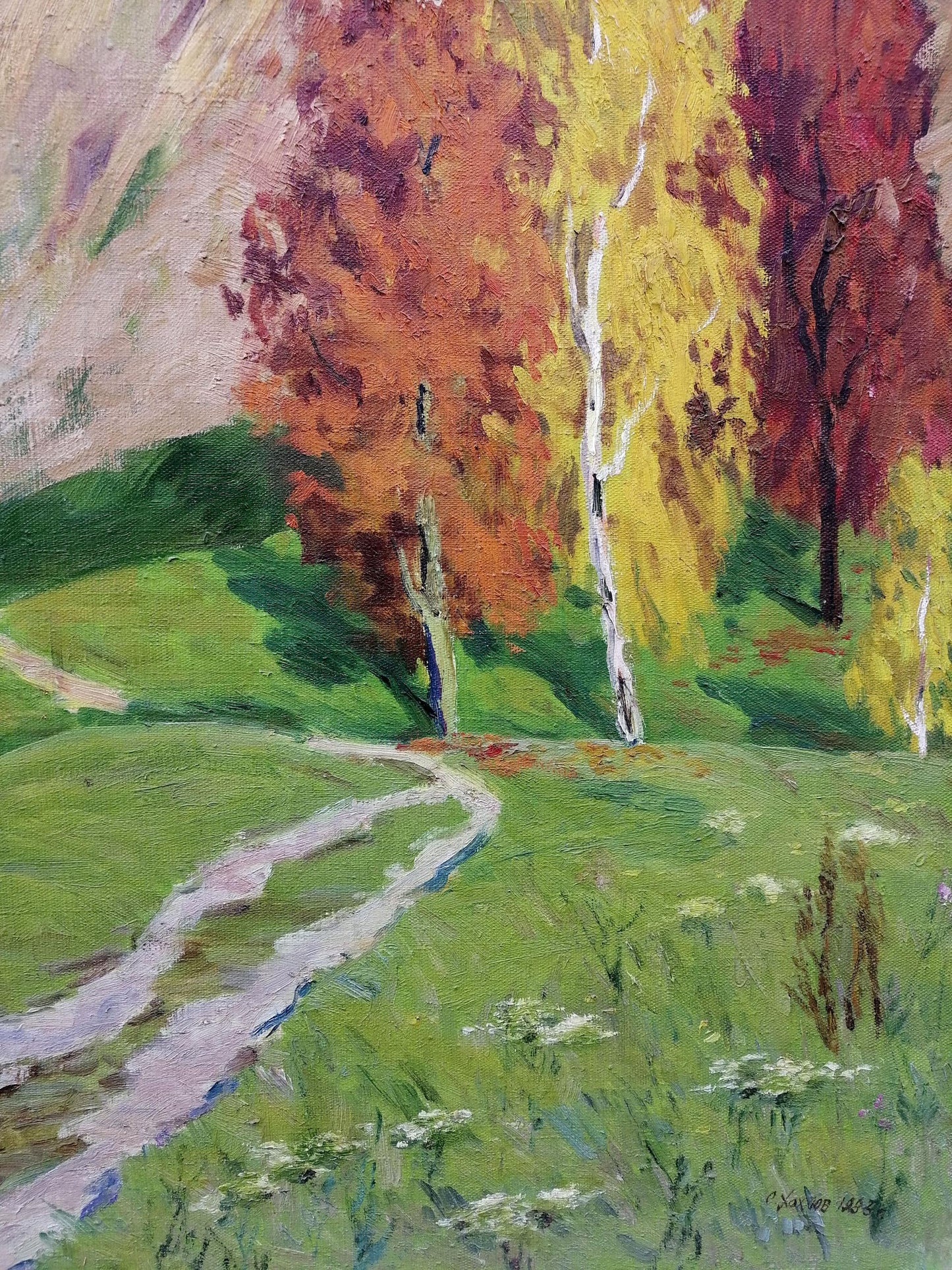 Vibrant autumn oil painting by Khokhlov Stanislav Alekseevich with fiery foliage