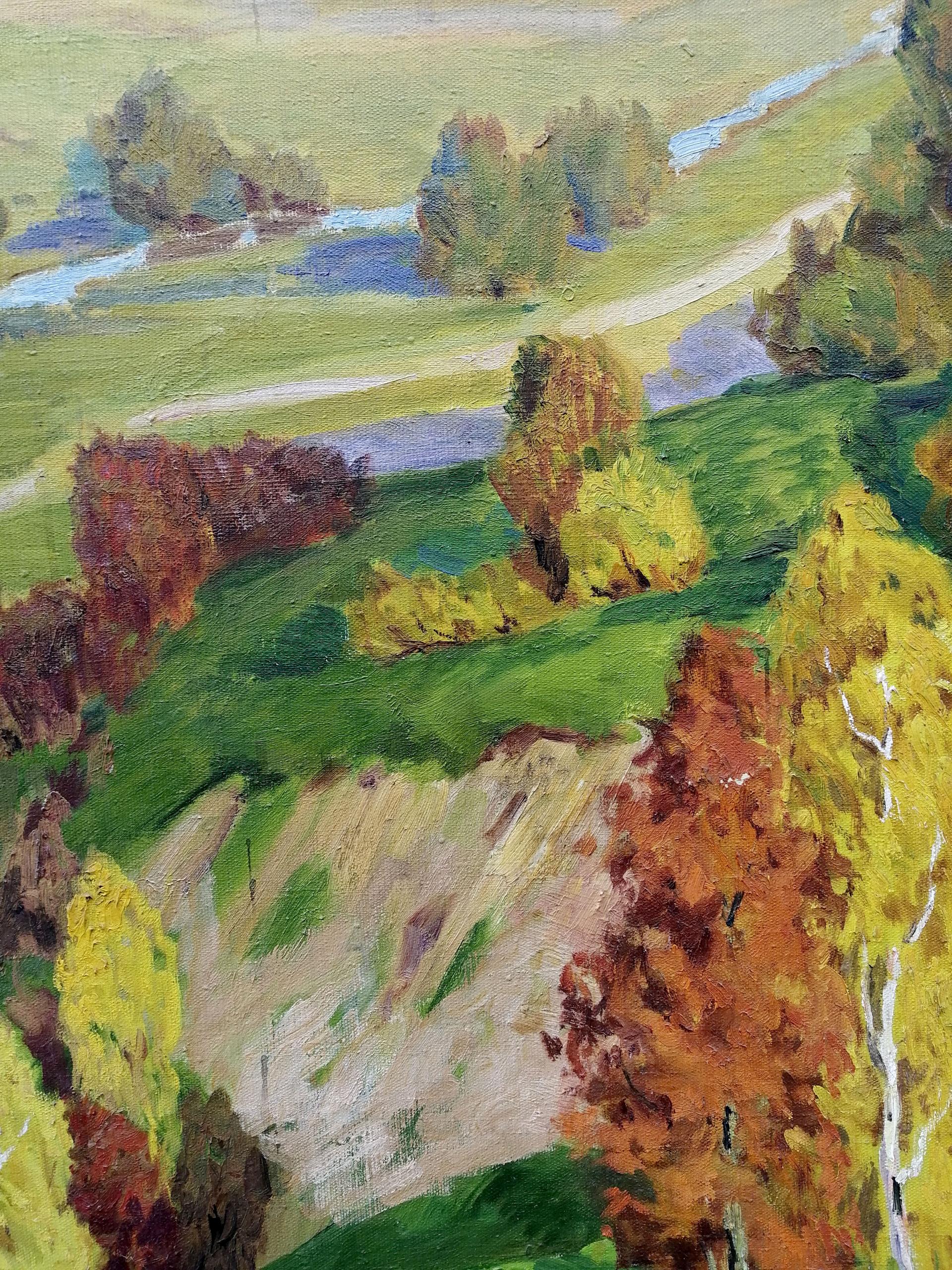 Vibrant autumn oil painting by Khokhlov Stanislav Alekseevich with hills and river