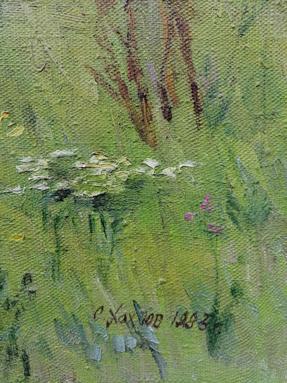 Green textured canvas oil painting by Khokhlov Stanislav Alekseevich