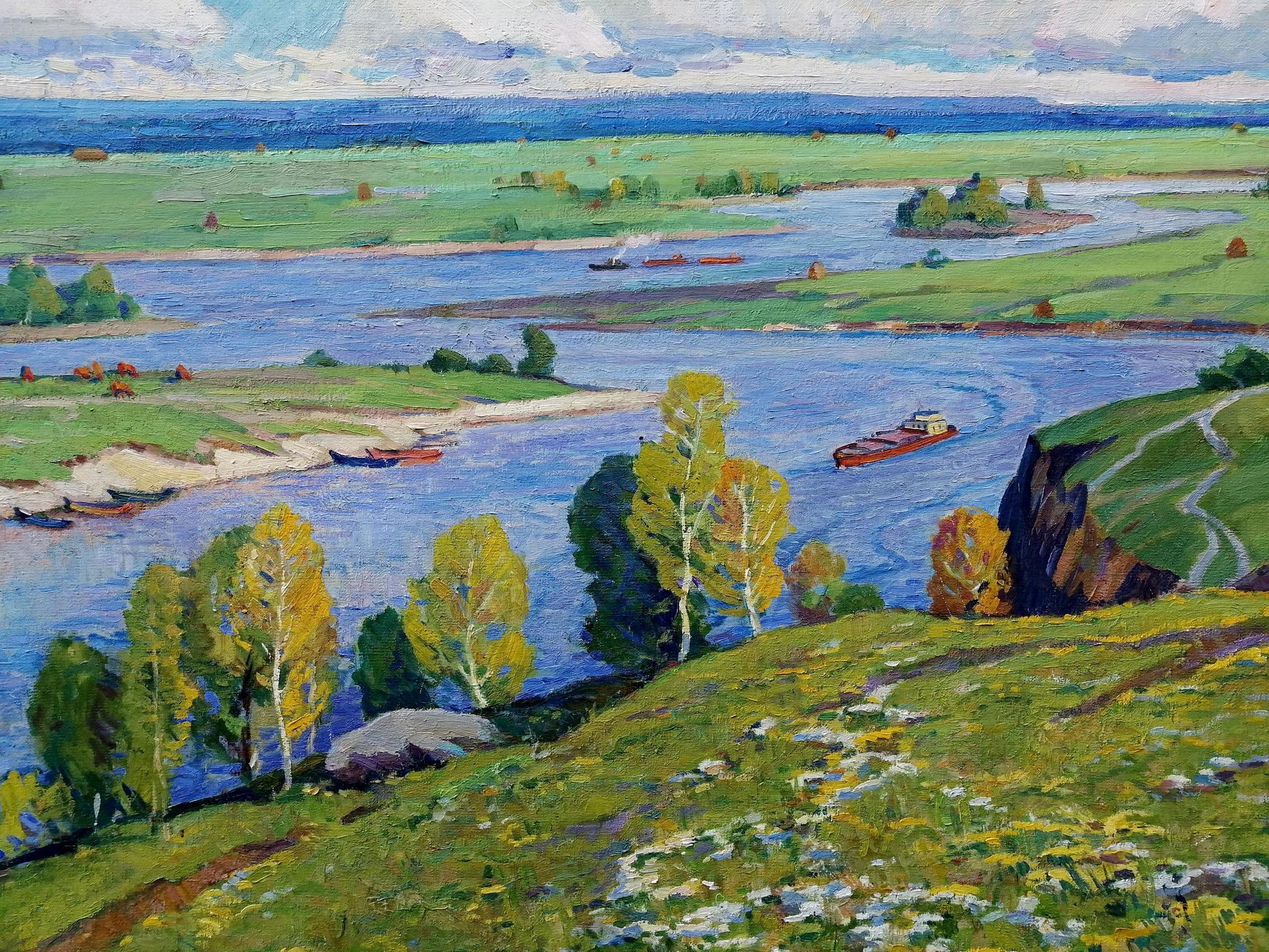 Oil painting Above the Desna by Elbert Victor Davydovich, vibrant impressionist landscape