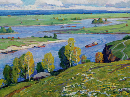 Oil painting Above the Desna by Elbert Victor Davydovich, vibrant impressionist landscape