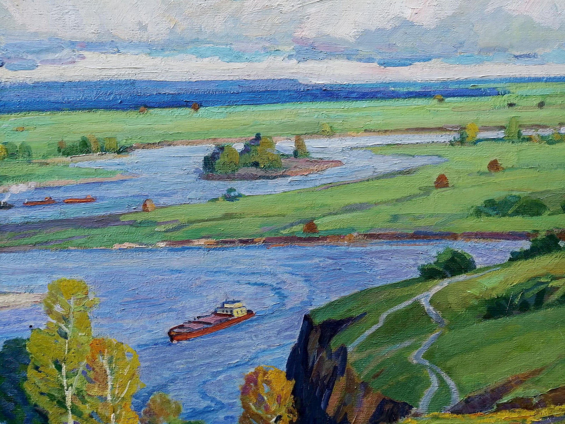 Oil painting Above the Desna by Elbert Victor Davydovich: red barge on blue river