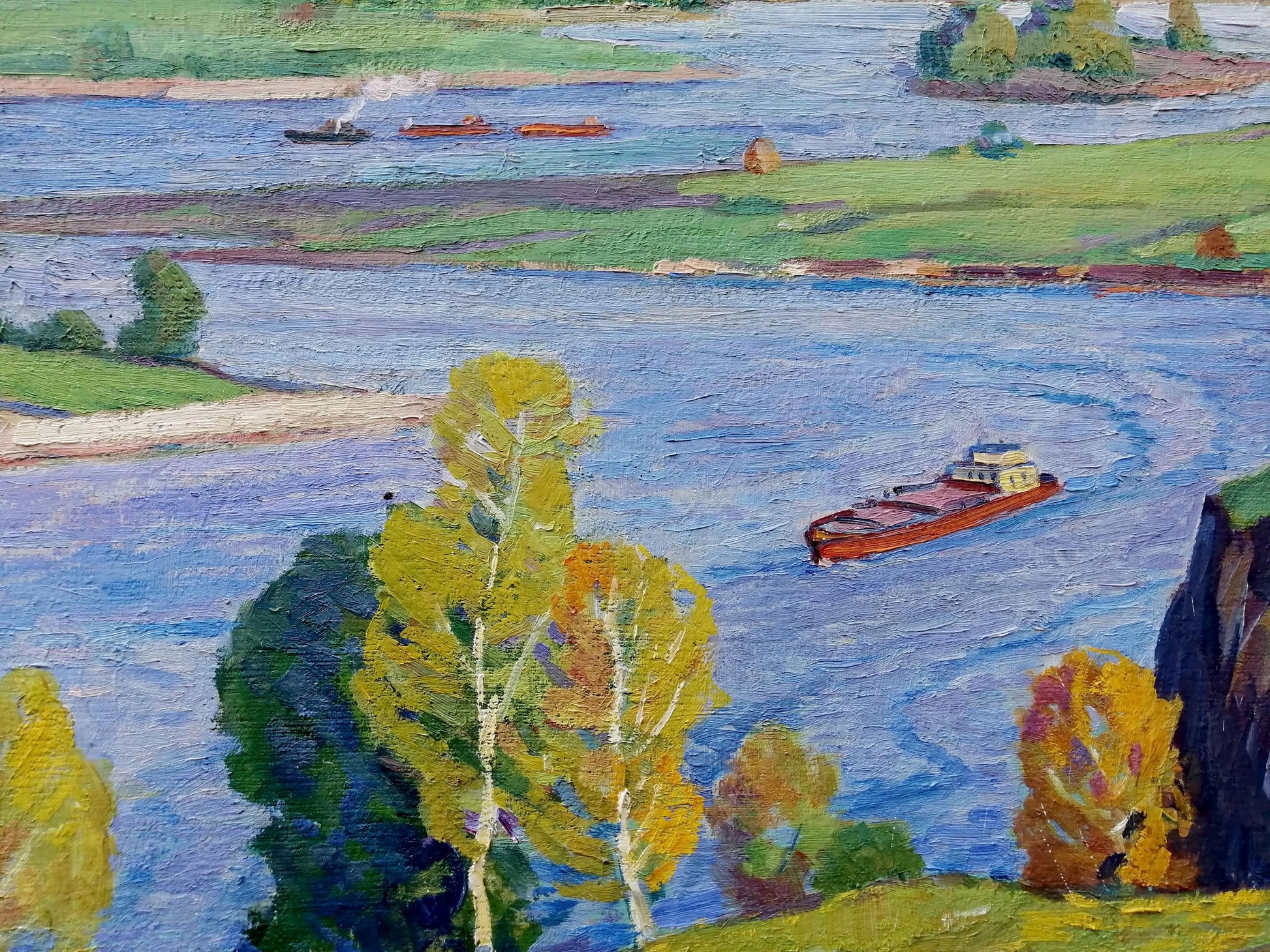 Oil painting Above the Desna by Elbert Victor Davydovich: red barge on blue river amid autumn trees