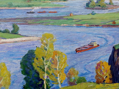Oil painting Above the Desna by Elbert Victor Davydovich: red barge on blue river amid autumn trees