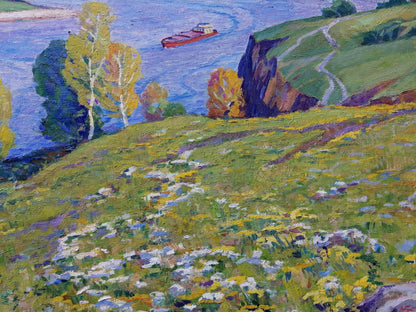 Oil painting Above the Desna by Elbert Victor Davydovich: red cargo boat on blue river