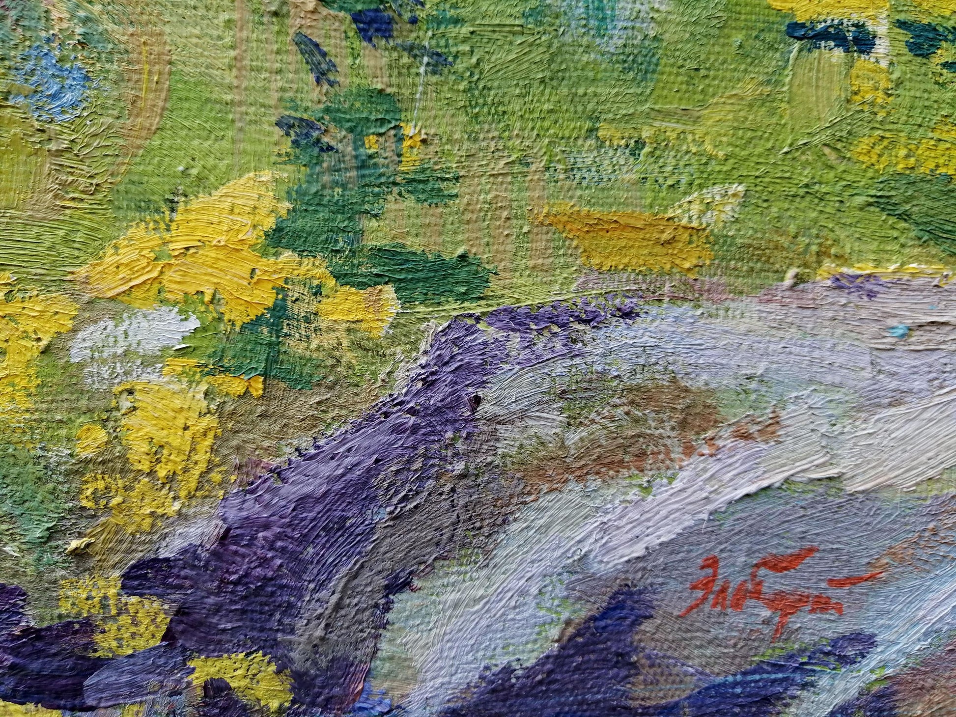 Oil painting Above the Desna by Elbert Victor Davydovich, textured green yellow purple strokes