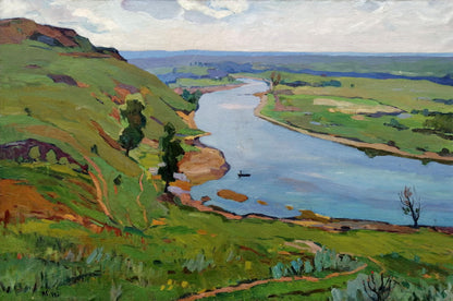 Oil painting It is noon by Gantman Moisey Faibovich serene river landscape