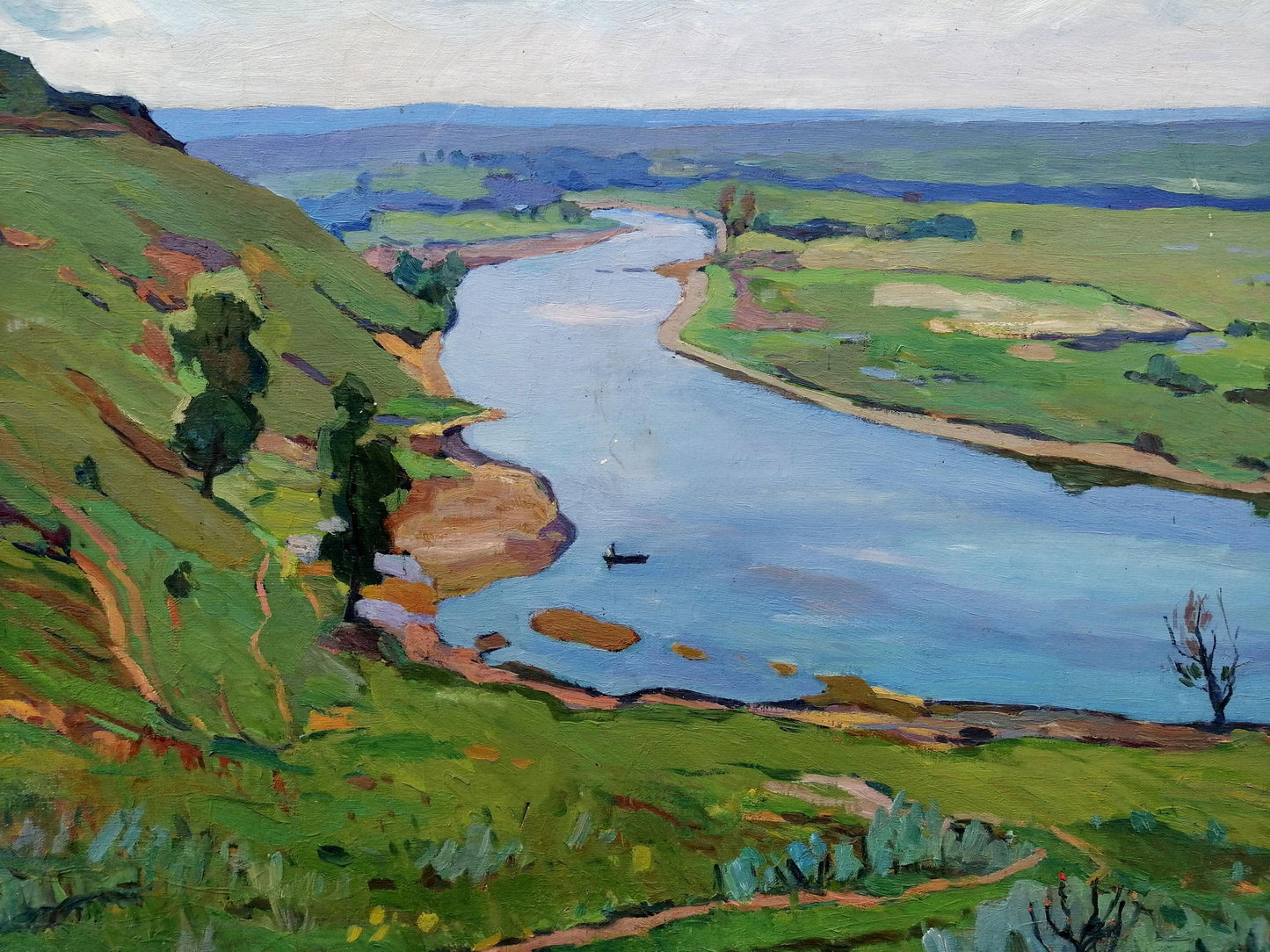 Oil painting It is noon by Gantman Moisey Faibovich: serene river in lush green landscape