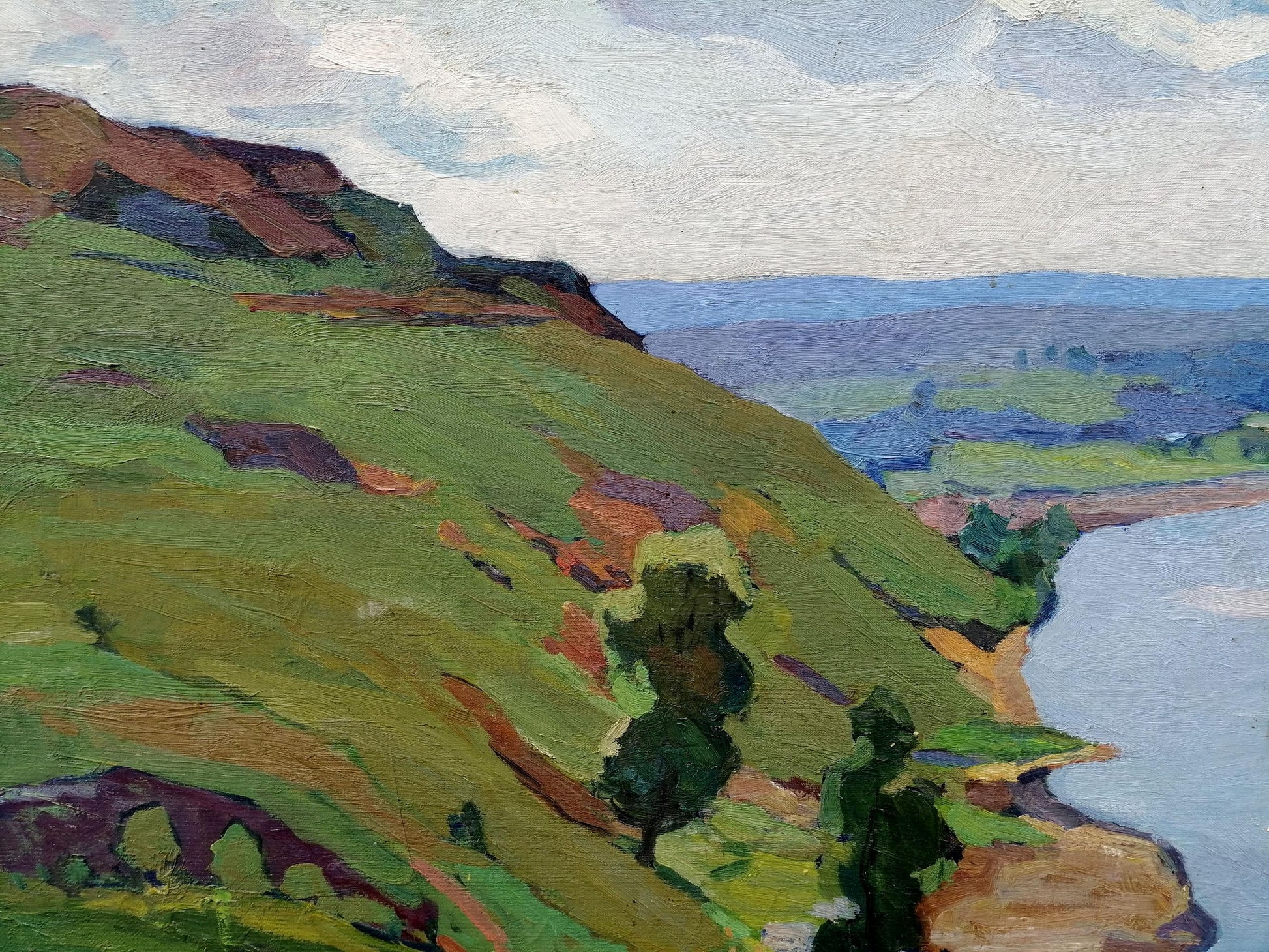 Oil painting It is noon by Gantman Moisey Faibovich, green hillside over blue water