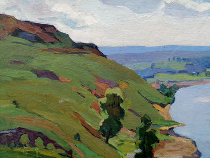 Oil painting It is noon by Gantman Moisey Faibovich, green hillside over blue water