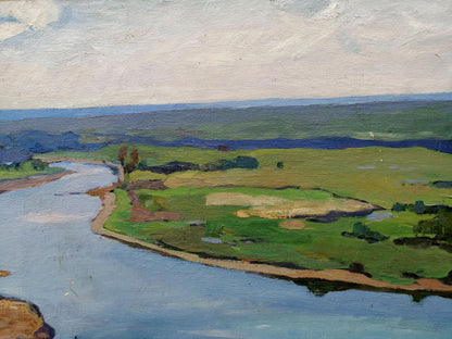 Serene oil painting It is noon by Gantman Moisey Faibovich with river and hills