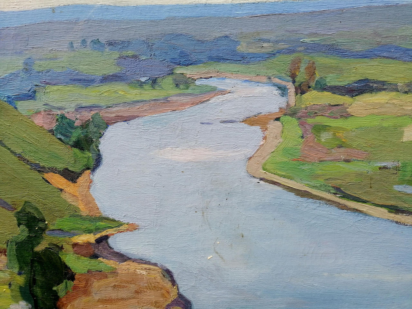 Oil painting It is noon by Gantman Moisey Faibovich: serene river in lush landscape