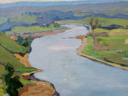 Oil painting It is noon by Gantman Moisey Faibovich: serene river in lush landscape