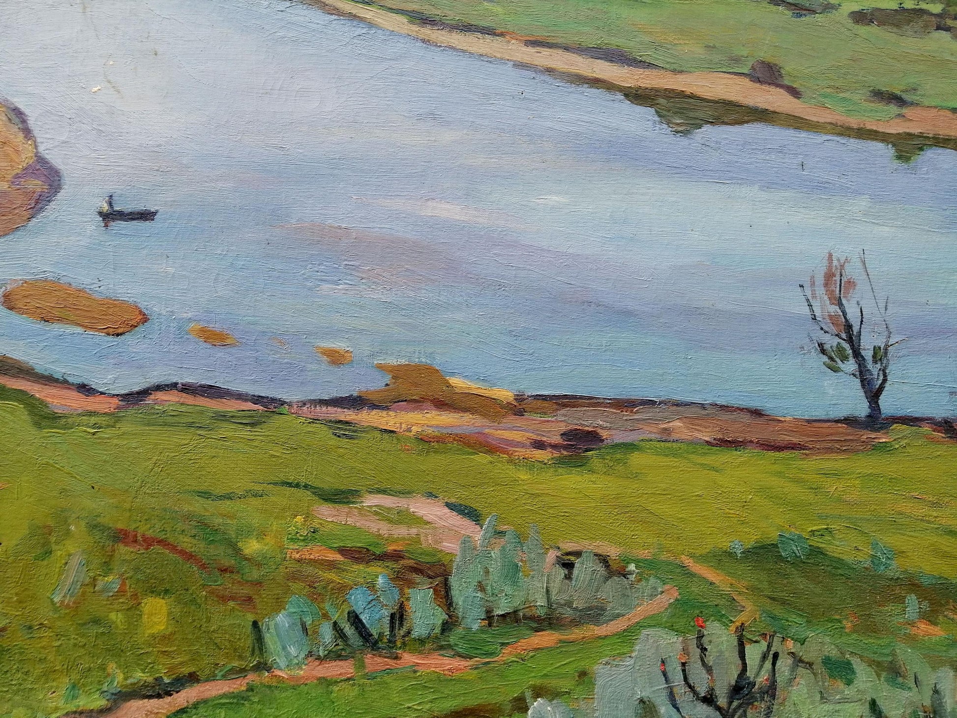 Oil painting It is noon by Gantman Moisey Faibovich: serene green fields, blue river, hills