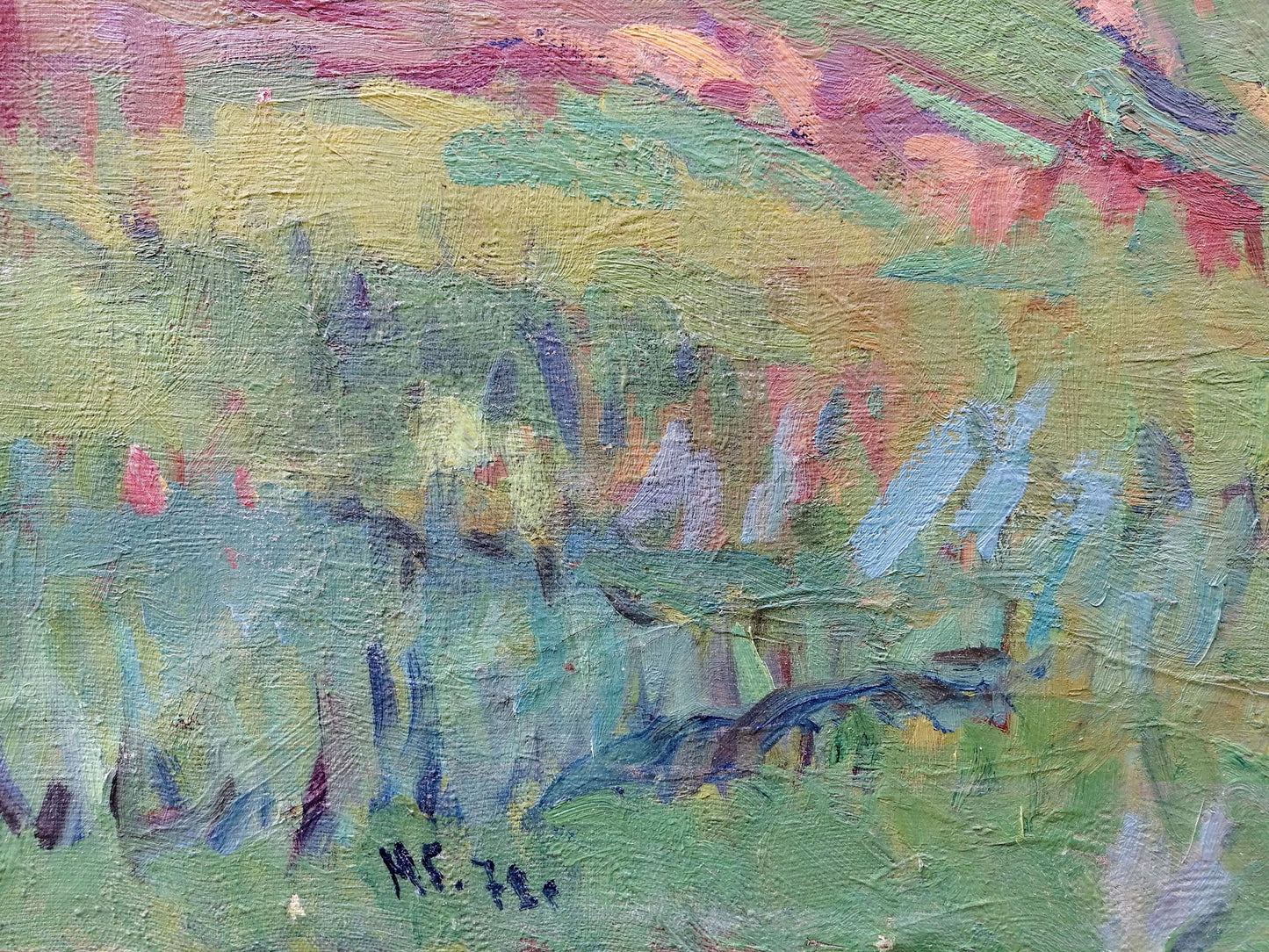 Oil painting It is noon by Gantman Moisey Faibovich, abstract green pink blue textured brushstrokes