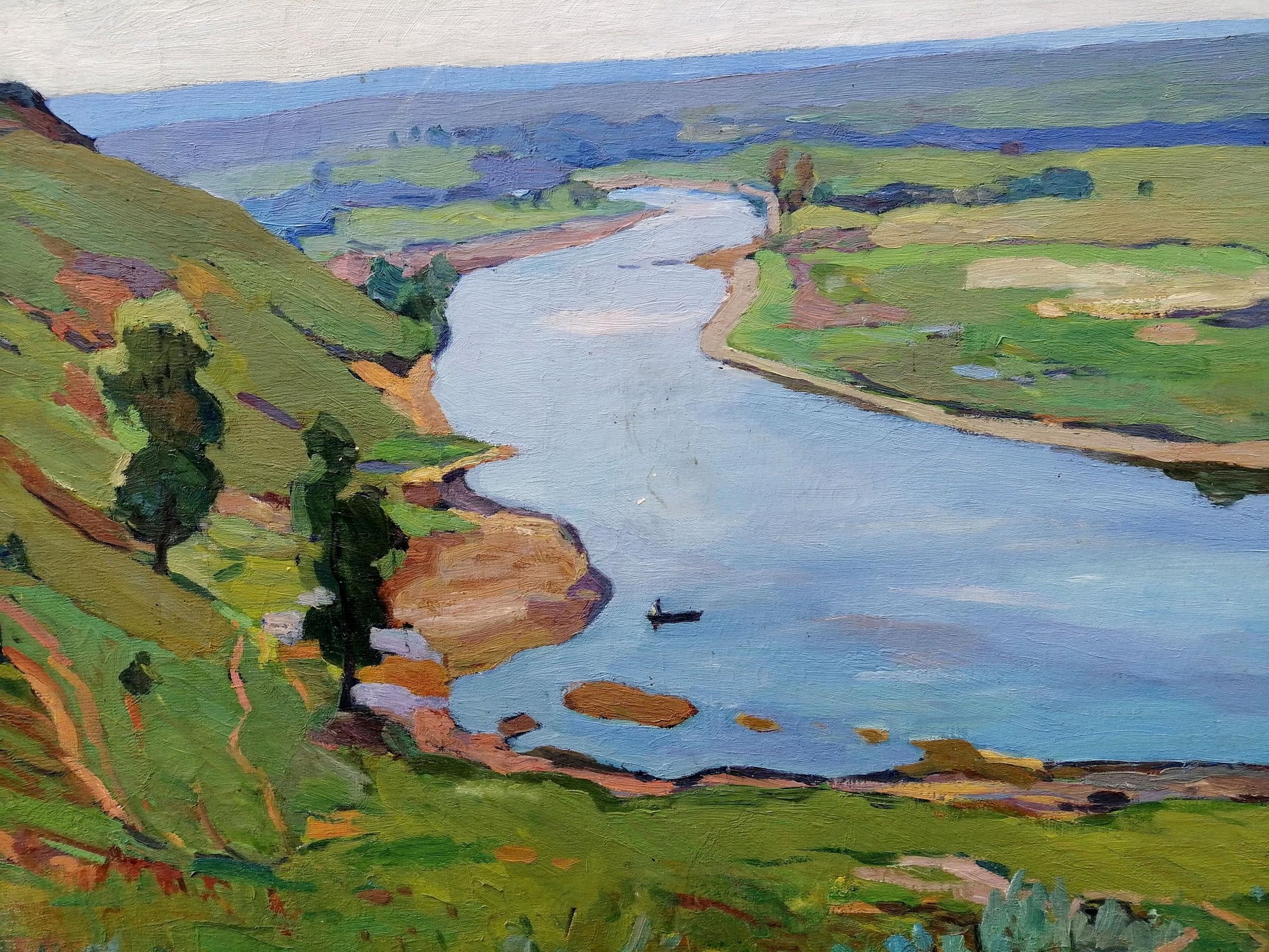 Impressionistic oil painting of serene river at noon by Gantman Moisey Faibovich