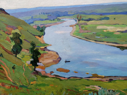 Impressionistic oil painting of serene river at noon by Gantman Moisey Faibovich