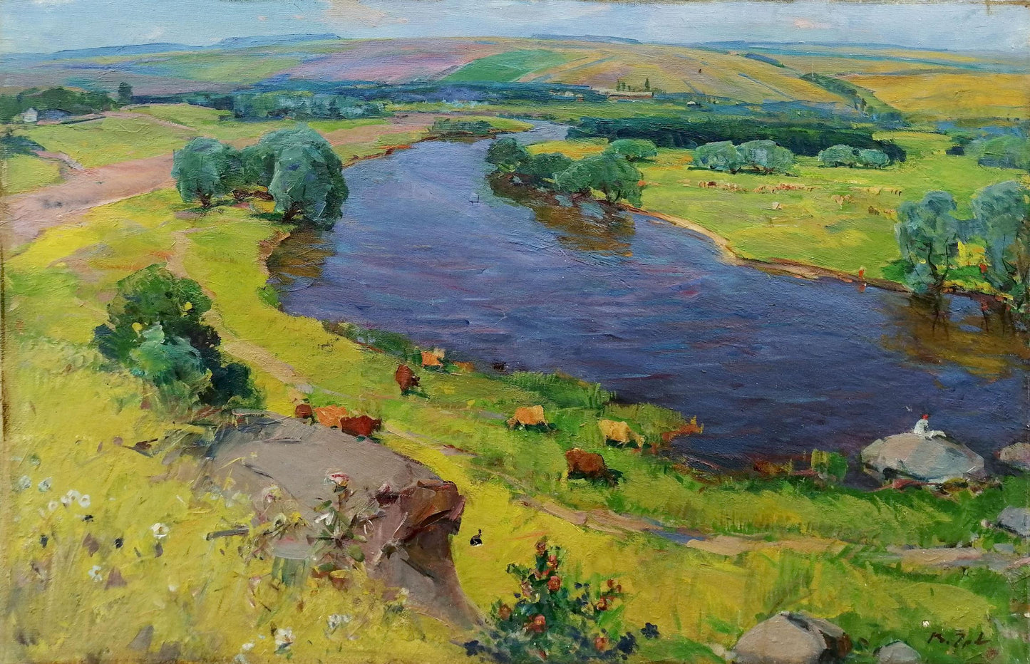 Oil painting Walk in the field by Grebennik Vitaly Sergeevich, serene river landscape