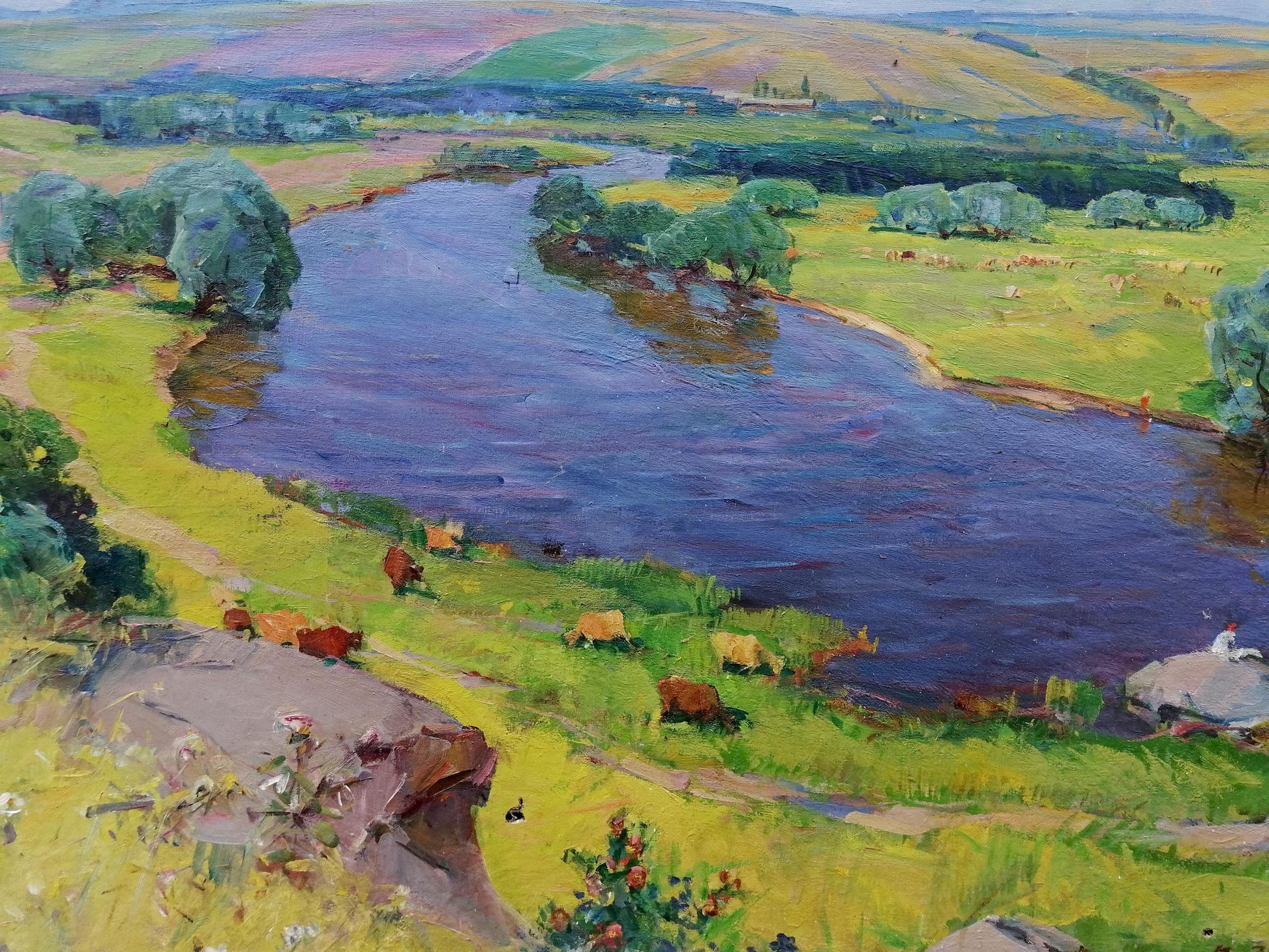 Vibrant impressionistic oil painting by Grebennik Vitaly Sergeevich: winding river in lush fields