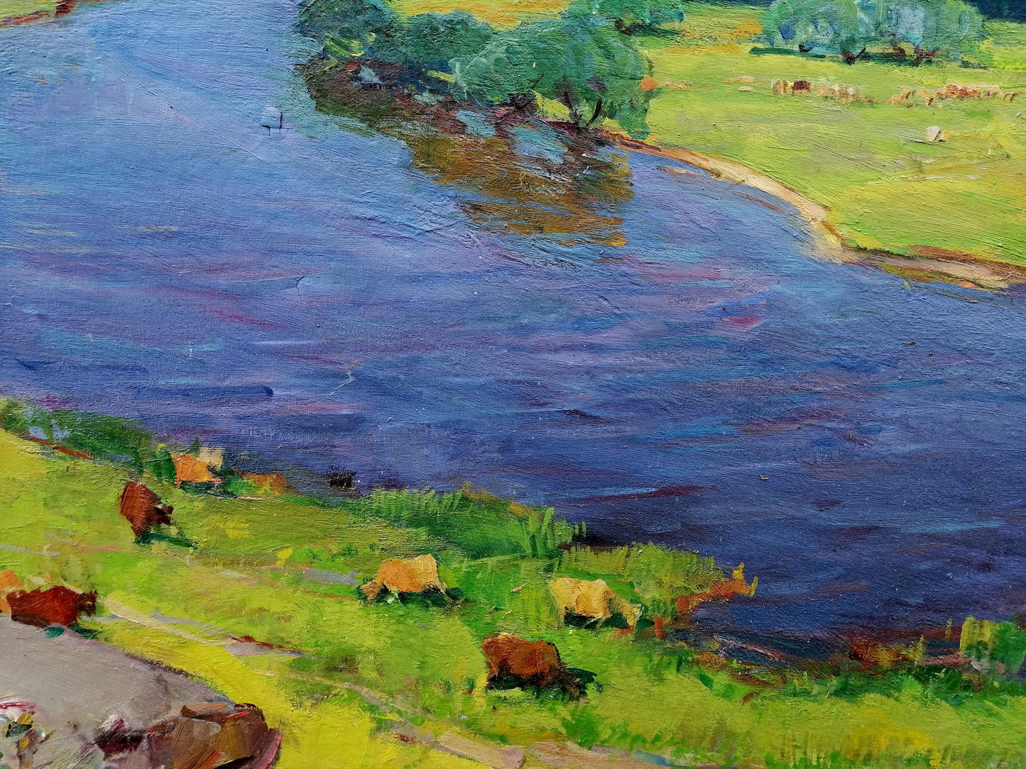 Vibrant impressionist oil painting by Grebennik Vitaly Sergeevich: serene river with grazing cattle