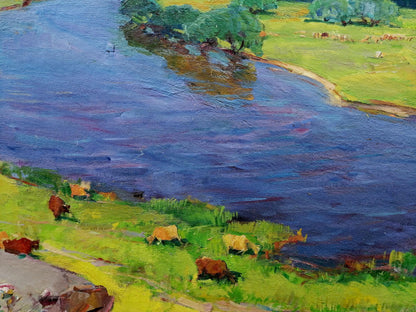 Vibrant impressionist oil painting by Grebennik Vitaly Sergeevich: serene river with grazing cattle