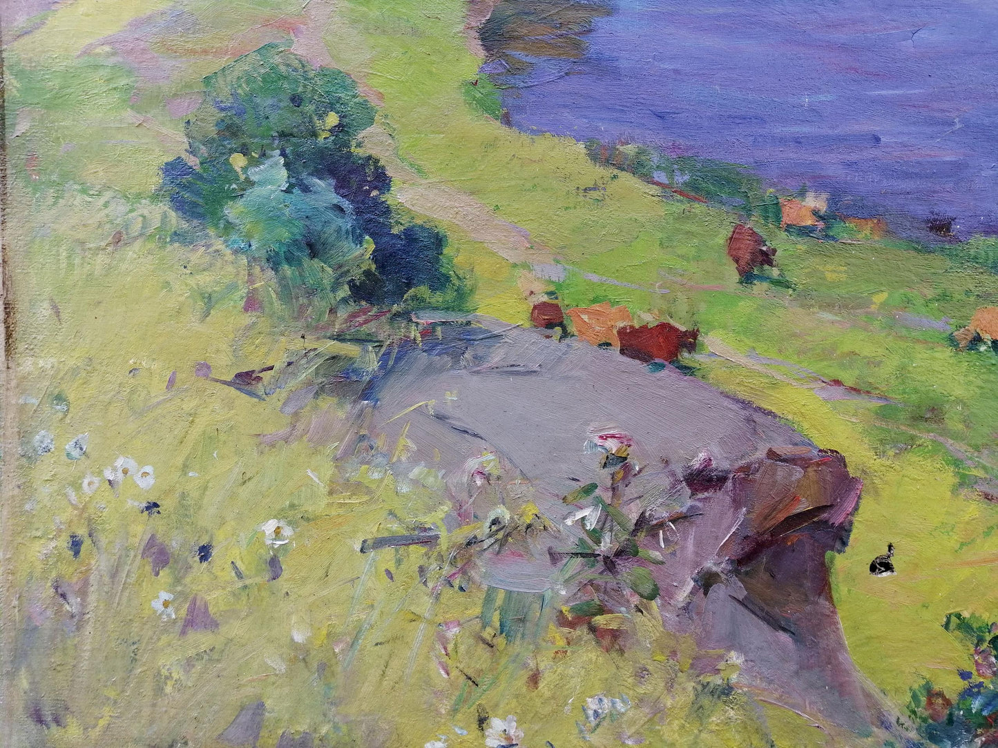 Oil painting Walk in the field by Grebennik Vitaly Sergeevich: gray rock in green field with flowers