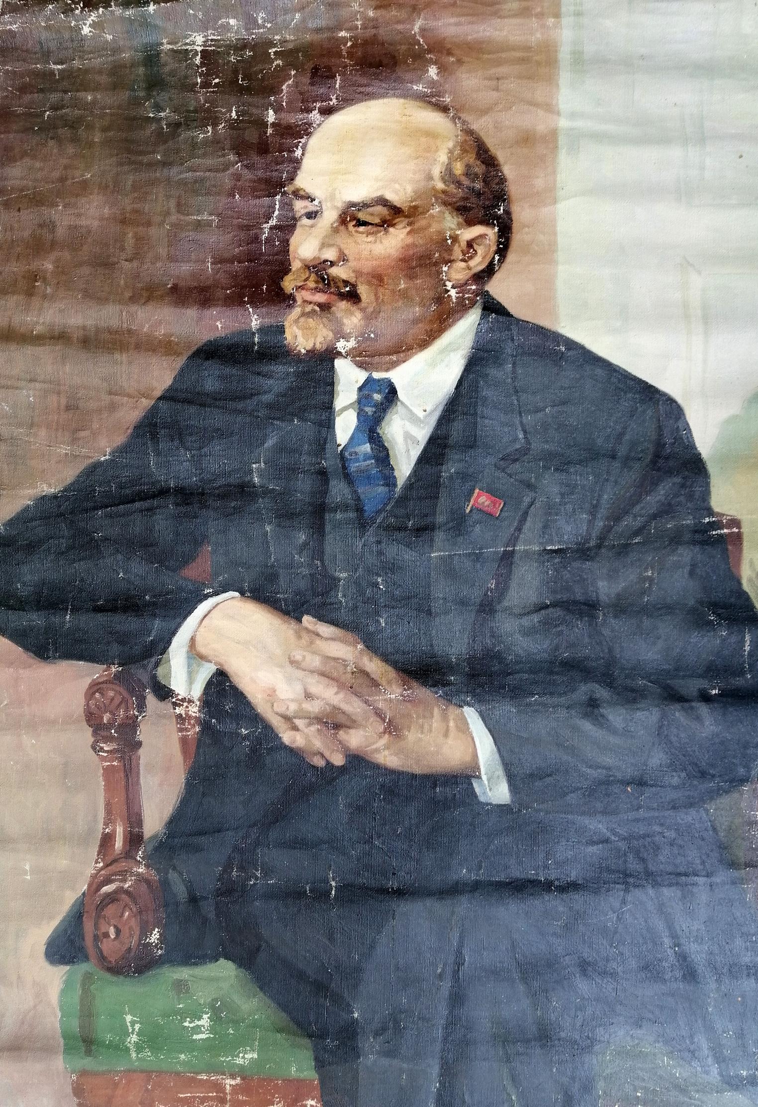 Social realism oil portrait of Lenin in navy suit on ornate chair