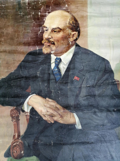 Social realism oil portrait of Lenin in weathered dark blue suit