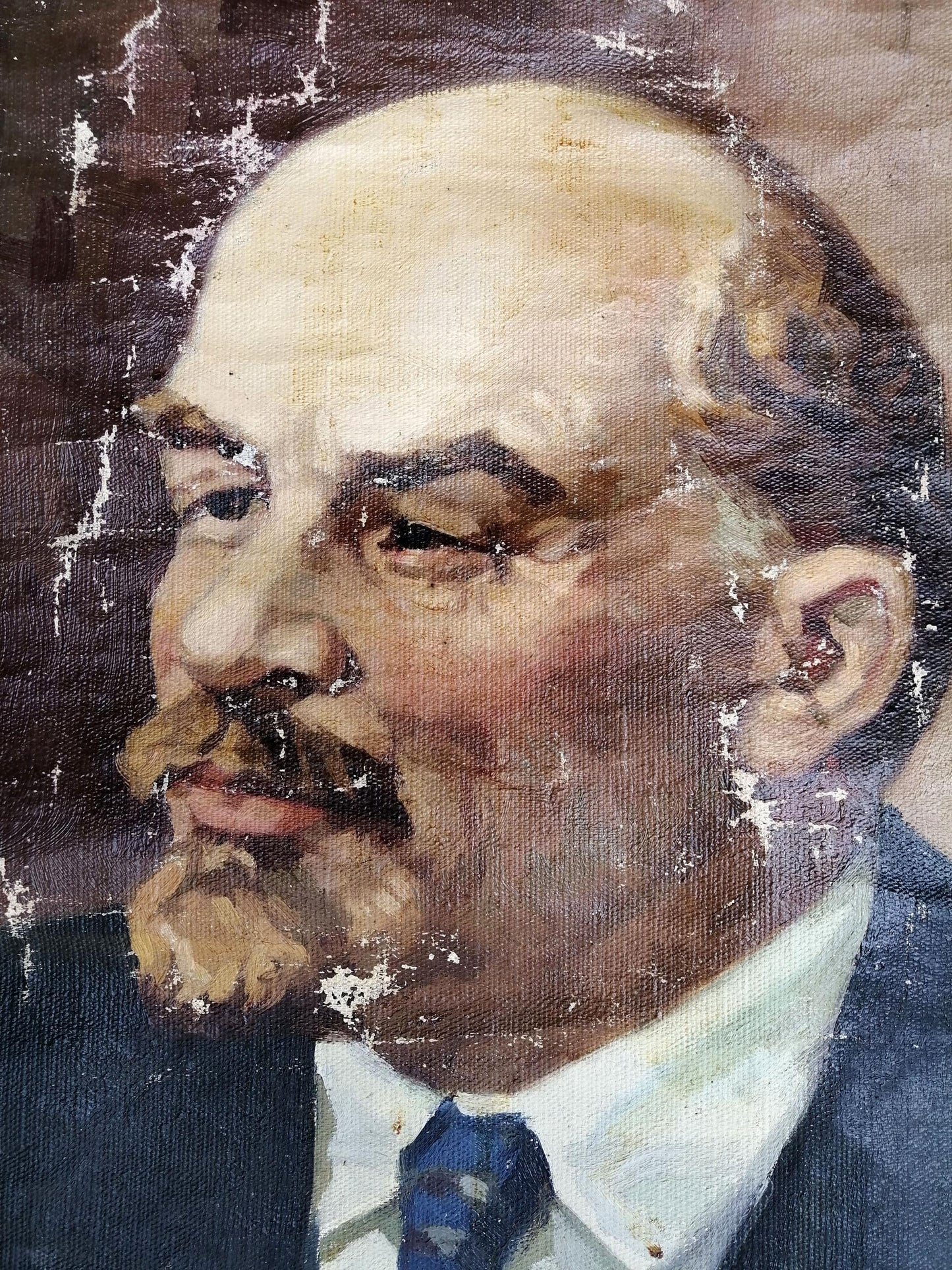 Weathered social realism oil portrait of Lenin, bald man with mustache in suit
