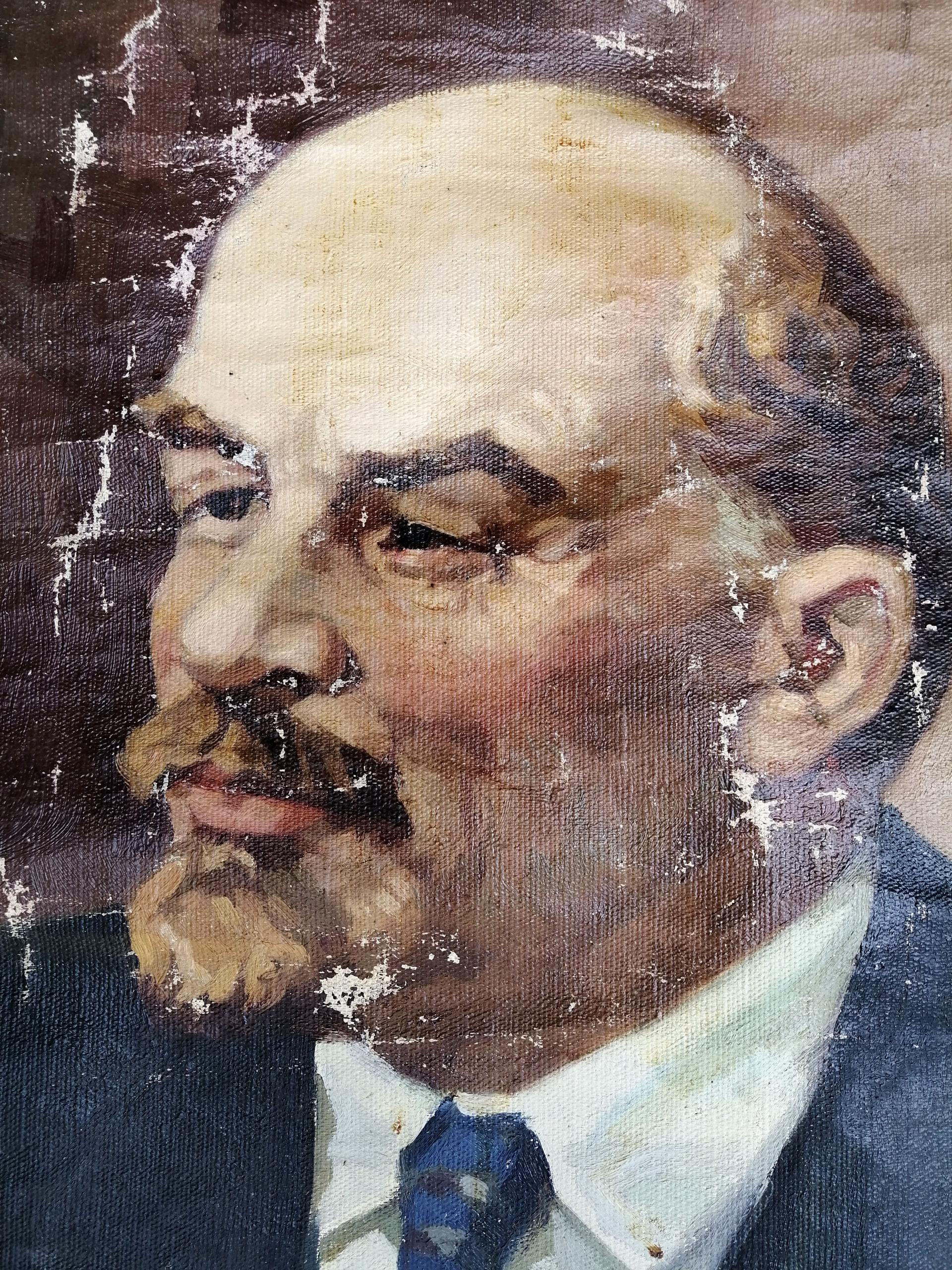 Weathered social realism oil portrait of Lenin, bald man with mustache in suit
