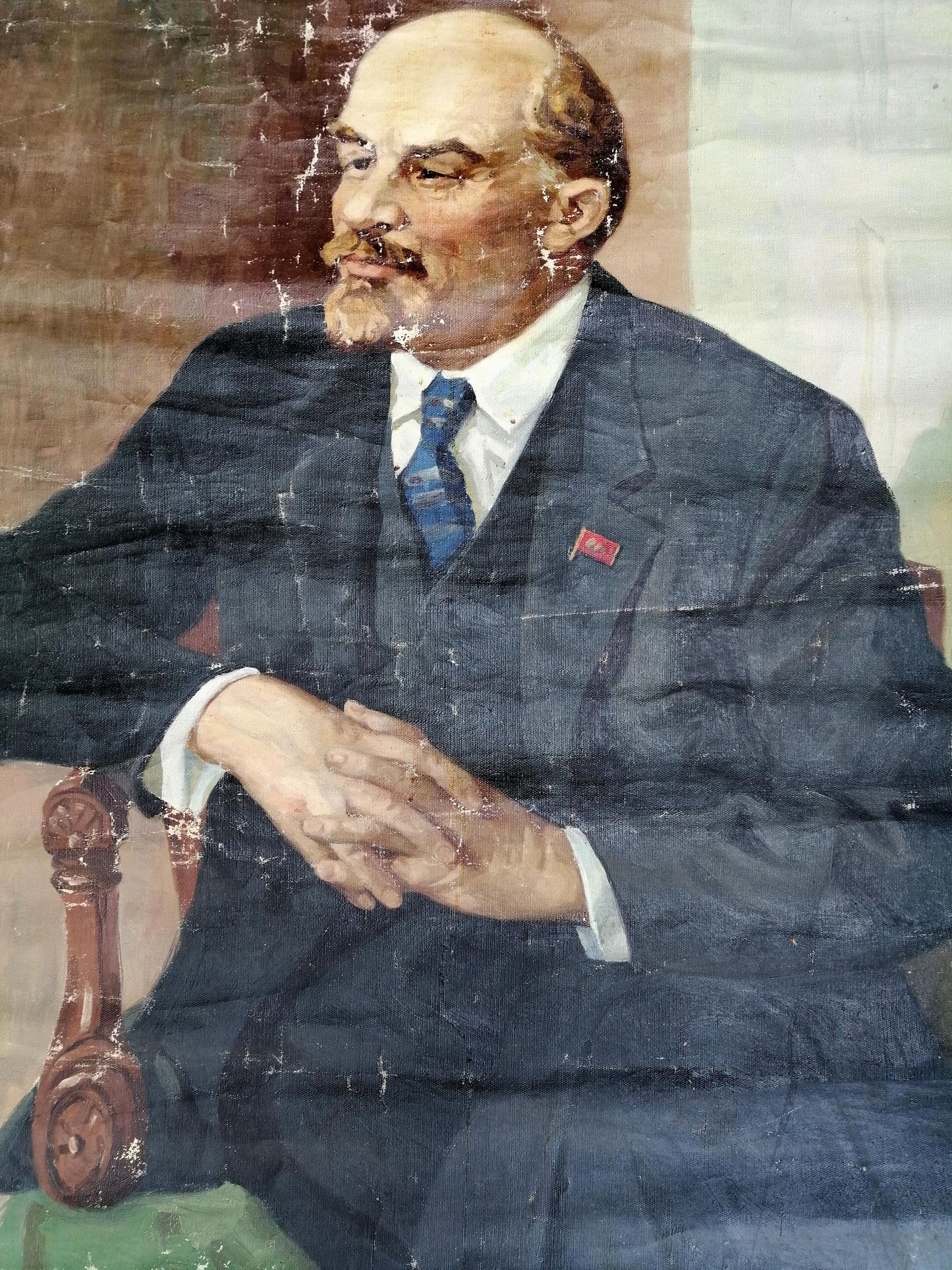 Weathered social realism oil painting portrait of Lenin in blue suit