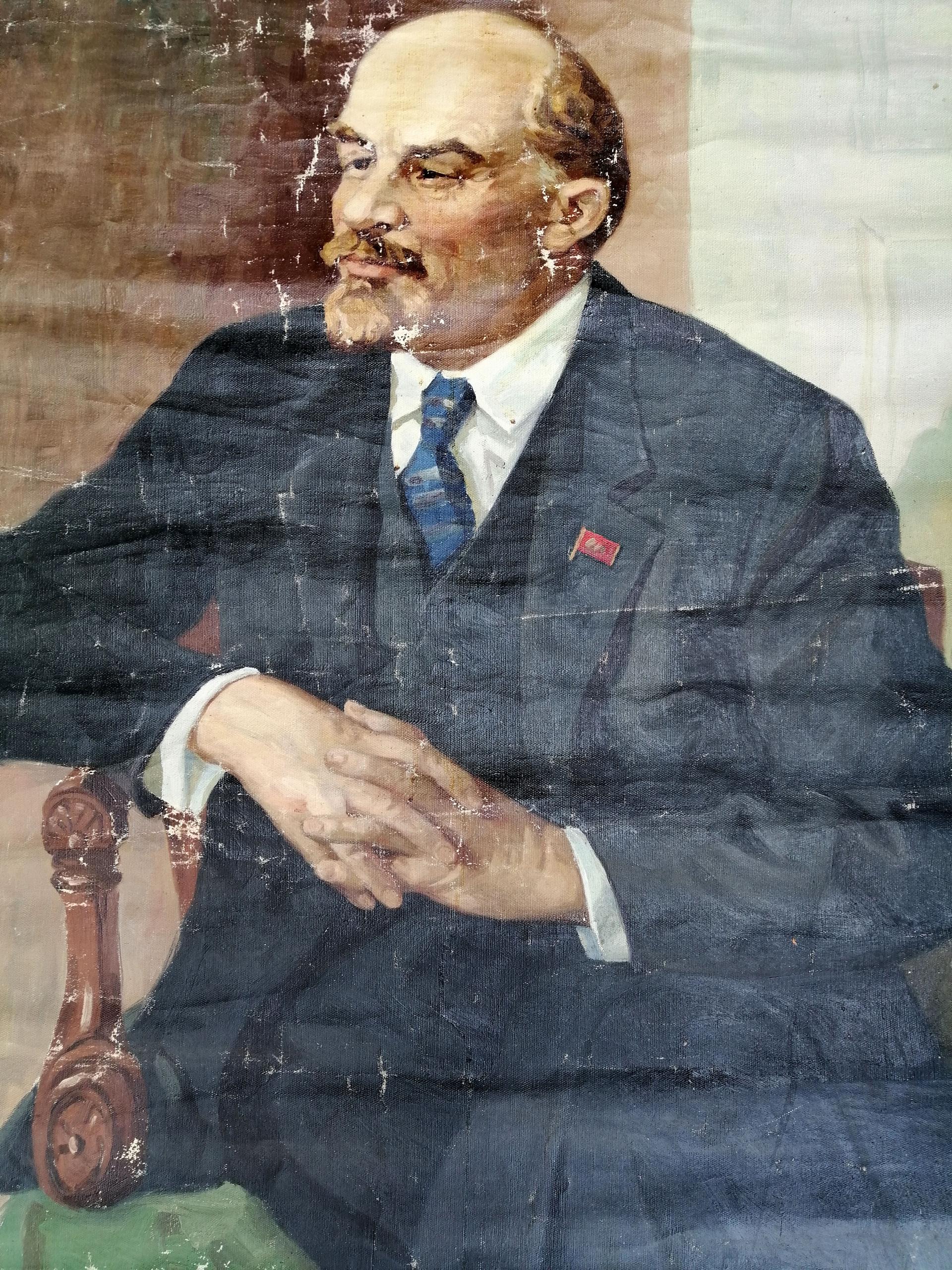 Weathered social realism oil painting portrait of Lenin in blue suit